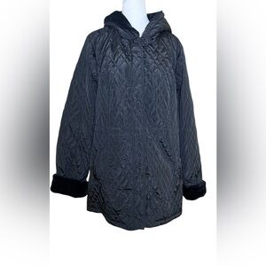 Dennis Basso NEW Women’s XL Black Quilted Faux Fur Trim Hooded Coat Drawstring